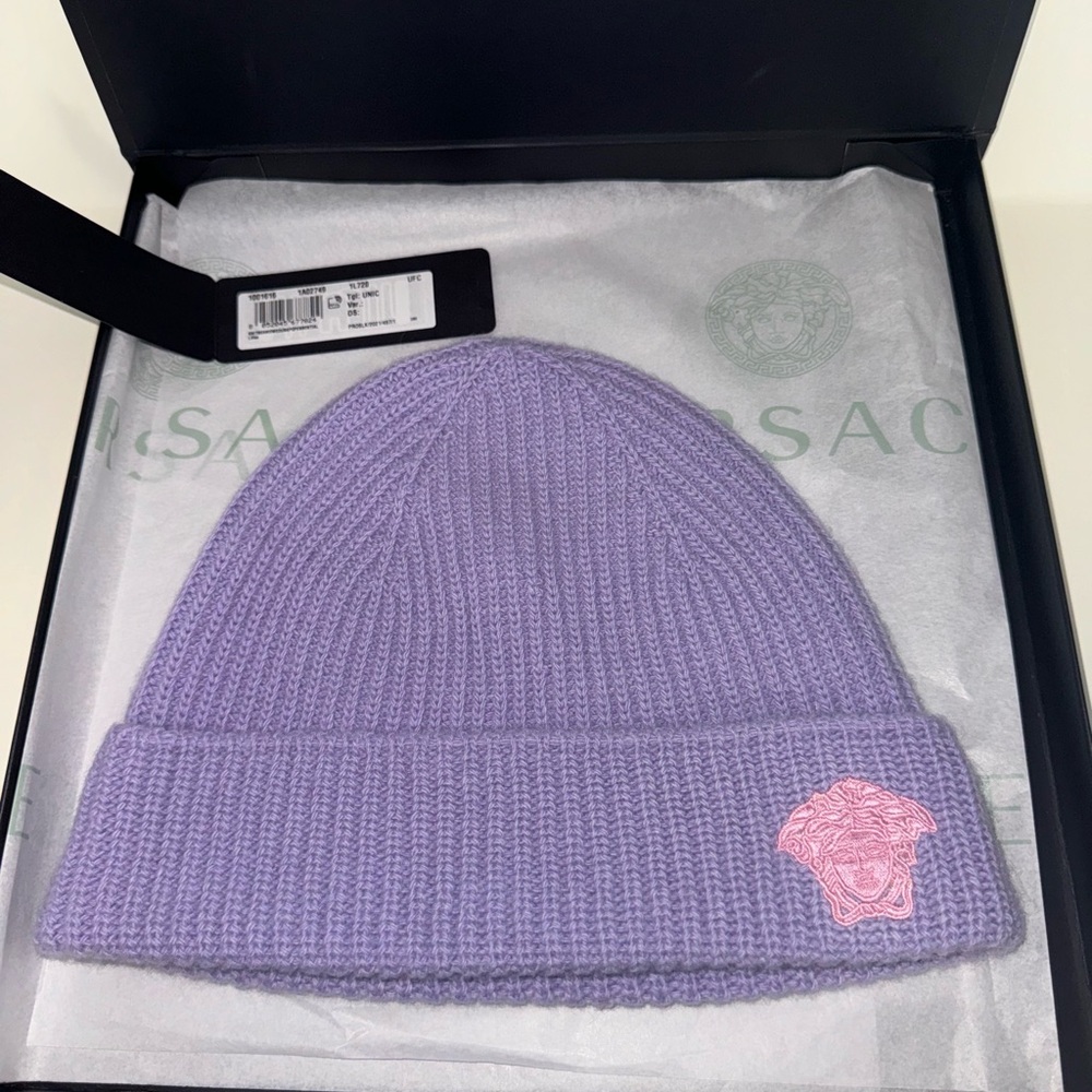 Versace Lavender Knit Beanie with Pink Medusa Patch